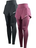 CADMUS 2 in 1 Women's Yoga Pants High Waisted Running Leggings for Women with Two Big Pockets,2 Pack, Dark Grey & Pink, X-Large