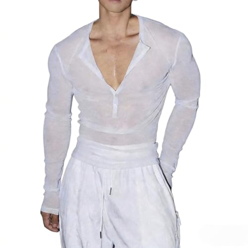 Camiseta de manga larga transparente para hombre con purpurina y cuello en V
