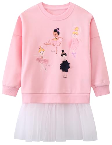 Hongshilian Girls Cartoon Dress Applique Party Dresses Casual Jersey Cotton Long-Sleeved(4T,Pink&Tulle)
