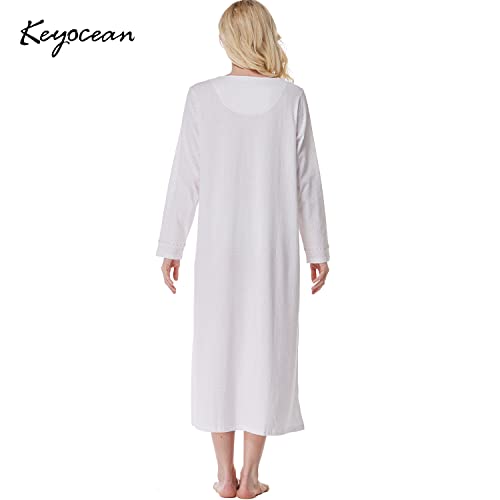 Keyocean Elegant Nightgown For Women, Soft 100% Cotton Knit Nightgowns, Lightweight Long Sleeve Ladies Nightdress, Pink Dots, Large (L) #TOP1