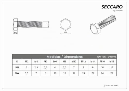 Miniatura 2 de Seccaro Tornillo Hexagonal M6 X 90 Mm, Acero Inoxidable V2a A2, Din 933 Iso 4017, Con Cabeza Hexagonal Externa, 20 Piezas