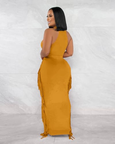 Image of YUEWOO 2 Piece Outfits for Women Sexy Crop Top Ruched Bodycon Maxi Dresses Fringe Skirt Sets Night Club Jumpsuits