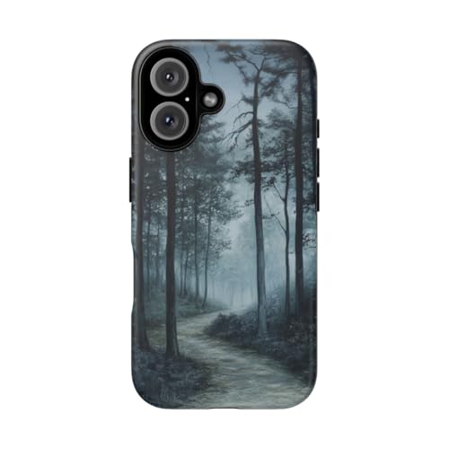 Coque iPhone 16 rigide premium motif Misty Forest Path bleu mat