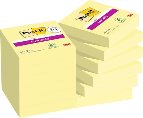 Post-it Super Sticky Notes Canary Yellow, Pack of 8 + 4 FREE Pads, 90 Sheets per Pad, 47.6 mm x 47.6 mm, Yellow Color - Extra Sticky Notes For Note Taking, To Do Lists & Reminders