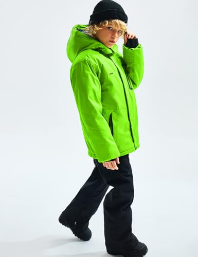 GEMYSE Jungen Skijacke Wasserdichte Winterjacke Warm Gefütterte Kinder Winddichte Schneejacke mit Kapuze für Aktivitäten im Freien(Leuchtend Grün 01,152-158)