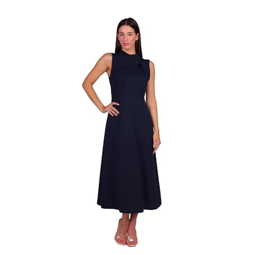 Vestito Midi Donna Elegante con Nodo al Collo