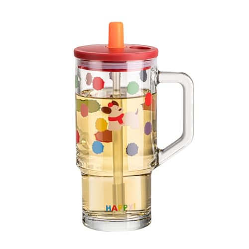 Image of Cute Dog Print Glass Tumbler with Handle, Lid & Straw - 620ml, Set of 1, Glass Sipper Cup for Kids & Adults, Drinking Mug for Water, Juice, Milk, Iced Coffee, Tea, Travel Cup (Random Color)
