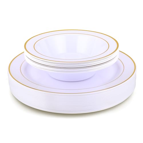 Josojoou 40Pcs Disposable Soup Bowls and Plastic Plates Disposable, 20Pcs 7.5 inch Plastic Bowls and 20Pcs 10.25 inch Gold Plates for Party, Holiday, Wedding
