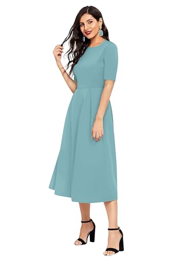 Image of LONDON BELLY Women's Regular Fit Polyester Blend Midi Flare Dress with Round Neck 3 /4 Sleeves Calf Length Solid Pattern and Pull On Closure Type |One Piece Dress for Women