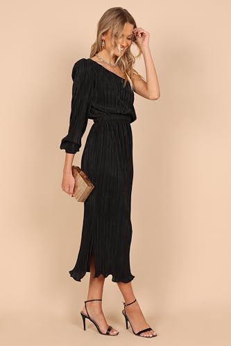 Petal & Pup Pontee One Shoulder Pleated Midi Dress - Black XL