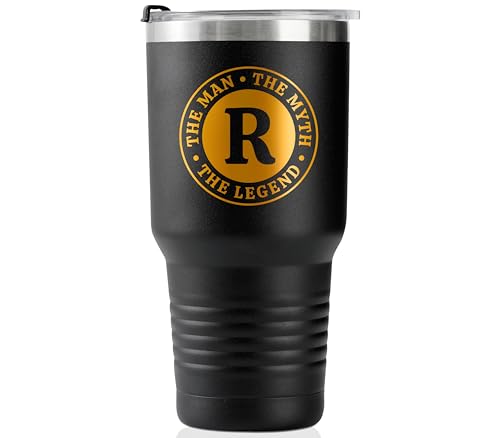 the Man the Myth the Legend Mug with Initials, Monogrammed Stainless Steel Travel Tumbler for Men, Funny Personalized Coffee Cup, Custom Beer Glass, Unique Birthday Christmas Gifts for Him, 30 oz, R