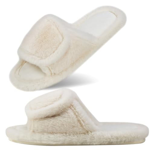CCSOFTIME Zapatillas de Mujer para Casa,Cómodas Pantuflas Mujer Invierno con Puntera Abierta y Tira Ajustable,Zapatillas Casa Antideslizantes Mujer Espuma de Memoria para Interiores,Blanco-M