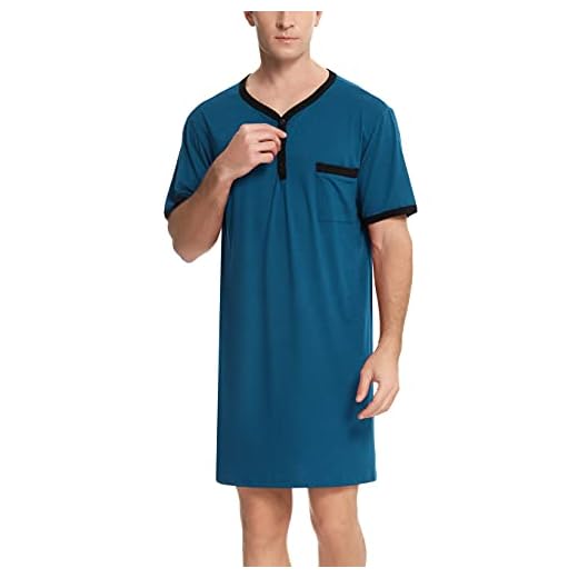 Enjoyoself Herr nattlinne kort ärm bomull ett stycke pyjamas luftig lång nattlinne skjorta med knappslå praktisk sovtröja, A- Blå, S
