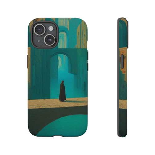 Coque iPhone 15 bleu sarcelle rigide mate premium paysage surréaliste