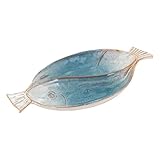 Composition : Grés Plateau de Service ou décoratif Poissons en grès Bleu, 2 Compartiments, Collection Marine Quimper, Longueur 31 cm