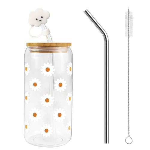 Nymora Cute Glass Tumbler with Straw and Lid, Daisy Design Iced Coffee Cup, Aesthetic Drinking Glass with Straws & Straw Cover, Coffee Lover Gifts for Women Girls