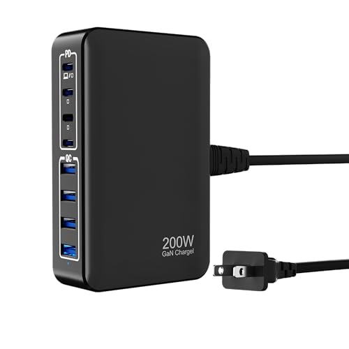 Haioulun GaN 200W 8-Port USB Fast Charging Station | PD 65W Laptop & Multi-Device Adapter | Compatible with MacBook Pro/Air, iPhone 16/15/14, Galaxy S23/22 (Black)