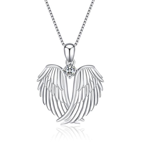 MALOYANVE Angel Wings Necklace Funny Lovely 925 Sterling Silver Rhinestone Hug Guardian Pendant Necklace for Women Lukey Christmas Jewelry