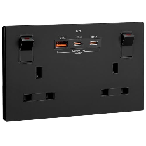 Image of SURAIELEC Black Double Socket with USB C, 2 Gang 13A Switched Plug Socket, 35W PD Fast Charge (2 USB-C + 1 USB-A), Child Safe, Matt Black, Fits 25mm Back Box