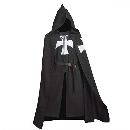 BLESSUME Mittelalter Ritter Kostüm Tunika Kreuzritter Umhang Hospitaller Chevalerie Cosplay Anzug (Black 2)