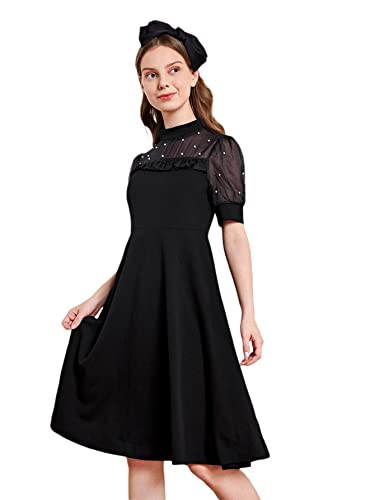 WDIRARA Girl's Dress for Summer Sheer Mesh Puff Short Sleeve Mock Neck Pearls Flared Dress