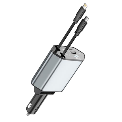 Retractable Car Charger, 120W 2.7Ft Retractable Cables and 4 Electronic Ports, Car Accessories Compatible for iOS & Android Cell Phones All Device Charging