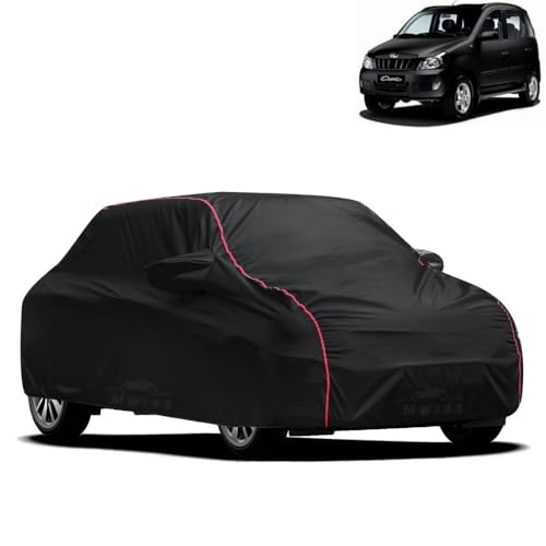Image of Waterproof Car Cover for Mahindra Quanto | All-Weather Protection, Dustproof & UV Resistant | Triple Stitched Mirror Pockets, Windproof Buckle Strap with Elastic Hem, Black-Red Piping