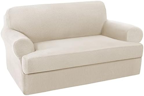 H.VERSAILTEX Stretch Sofa Covers 2 Piece for 2 Cushion Couch Covers Sofa Slipcovers Furniture Covers Suit for T Cushion/Box Cushion Feature Deluxe Textured Jacquard - Loveseat, Ivory