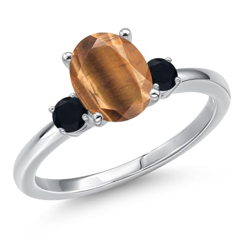 Gem Stone King 14K White Gold Brown Tiger Eye and Black Onyx Engagement Ring For Women | 1.70 Cttw | Oval 9X7MM | Gemstone Birthstone | Available in Size 5,6,7,8,9