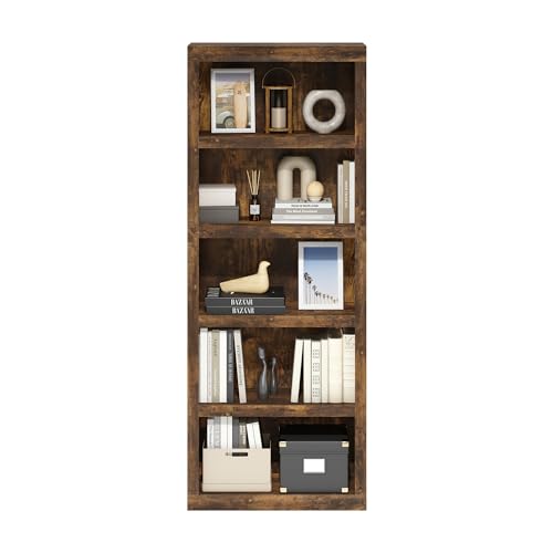 Image of Furinno Rail Book Shelf, 5-Tier Bookshelf with Open Shelf, Bookcase with Classic Style Edges, 10 x 24.6 x 63.5, for Organization and Storage, for Living Room, Bedroom, Home Office, Amber Pine