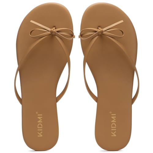 KIDMI Thong Flip Flops for Women - Memory Foam Summer Beach Sandals for Women - Vegan Leather Flat Sandals,Bow Taupe EU 38 — view 4