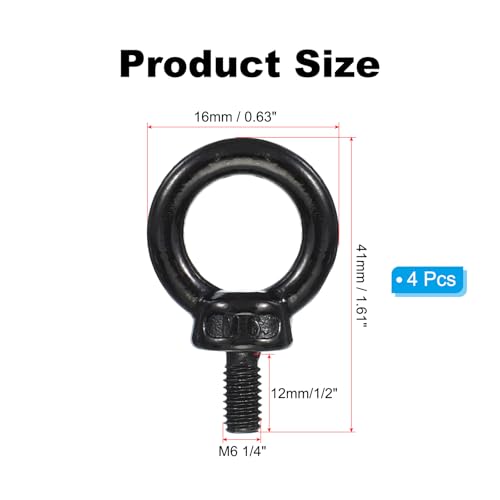 Image of PATIKIL Lifting Eye Bolts M6 x 12mm, 4 Pcs 304 Stainless Steel Shoulder Ring Threaded Screw Machinery Shoulder Eyebolt for Lifting Hanging, Black