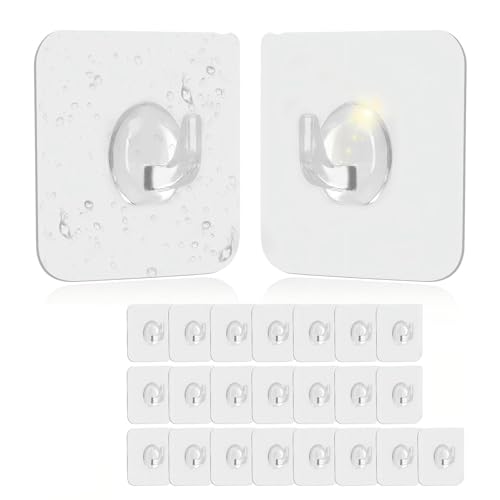 KTPCN 24 Pcs Self Adhesive Hooks Heavy Duty Stick on HooksClear, Transparent Extra Strong Wall Sticky Hooks for Hanging Coat Clothes Towel Key in Kitchen Closet Office Bathroom Hook, (24)