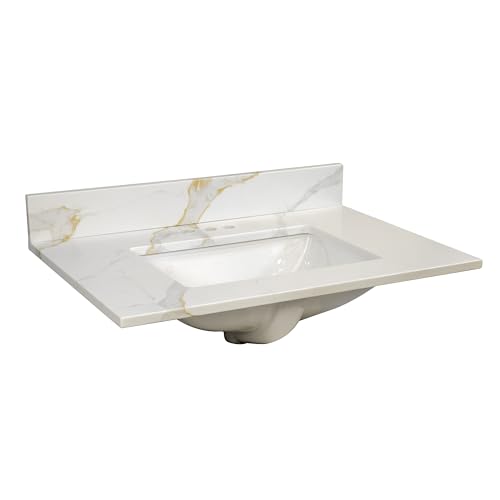 Image of Design House Calesco Calacatta Quartz Bathroom Vanity Top, White with Taupe and Grey Veining, Pre-Mounted White Bowl, 31 in L x 22 in W x 12.5 in H, with Backsplash, 4 in Center Set, 227900-CC-CC