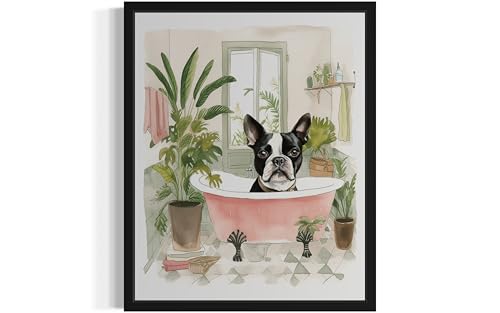 Image of Boston Terrier in Bathtub Black Framed Wall Art Poster Print, Animal Bathtub Restroom Wall Art Painting for Bathroom Decor Gallery Gallery 30 (Boston Terrier in Bathtub, 14 inch L x 11 inch W, Black Frame)