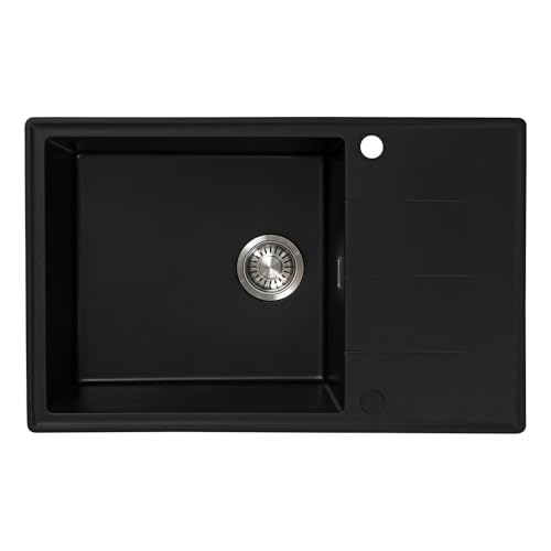JASSFERRY Fregadero de cocina reversible compuesto 780 x 500 mm, fregadero de cuarzo empotrado, cuenco individual profundo con kit de colador de residuos, color negro
