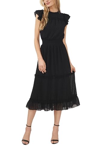 CeCe Flutter Sleeve Smocked Waist Midi Dress Rich Black