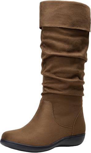 Vepose Women's 942 Knee High Boots Suede Slouch Flat Comfort Boots, Brown, size 8M US(CJY942 brown 08)