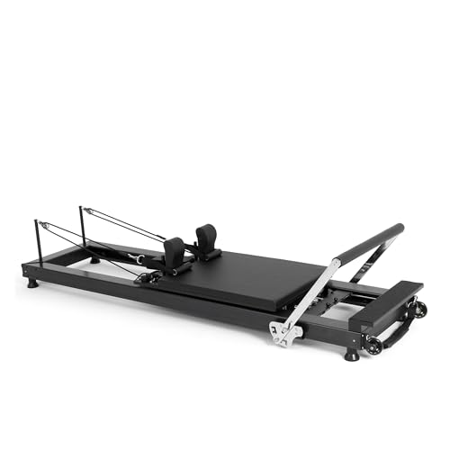 ELINA PILATES Reformer de Pilates en aluminium HL 1, 8 roues en PU verticales et horizontales, poignées en coton rembourrées, 5 types de ressorts, barre de pieds réglable