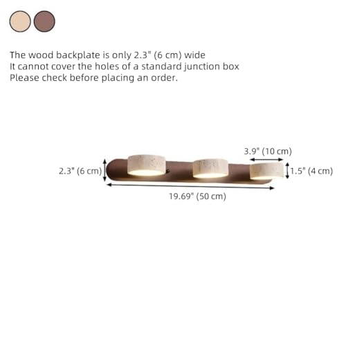 Image of Farmhouse Wood Vanity Light Fixture Nordic Style Stone Wall Lamp Natural Travertine Shade Linear Bathroom Wall Sconce 3 Lights Rotatable LED Wall Light Over Mirror - Natural Wood Color