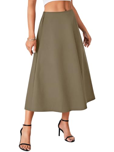 Rooscier Women's Basic High Waist Elastic Back Zipper Side Flare A-Line Midi Skirts4