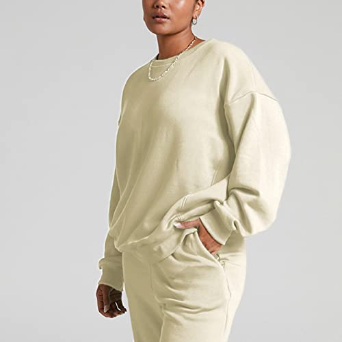 Women's Autumn And Winter Fashion Solid Color Round Neck Set Head Plus Velvet Long Sleeved Smart Casual Outfit #TOP2