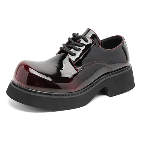 Men’s Gradient Patent Leather Chunky Platform Oxfords Big Round Toed Chunky Heel Non Slip Derby Shoes Fashion Casual Lace Up Dress Shoes for Business Formal Office (Gradient Red,12)