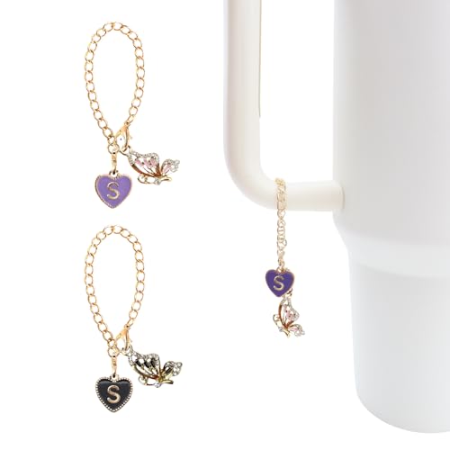 Qingonese 2PCS Black Purple Rhinestones Letter Charm for Stanley Cup-S