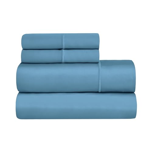 SUPERIOR 650 Thread Count Egyptian Cotton Sheet Set, Deep Pocket Bed Sheets, Marrow Stitch Embroidery, Sateen, 1 Flat Sheet, 1 Fitted Sheet, 2 Pillow Cases, California King Size, Medium Blue