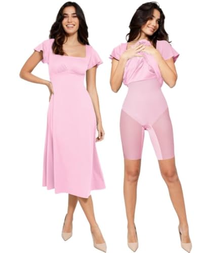 Image of Popilush Formal Dresses for Women - Built in Shapewear Bra Square Neck Short Sleeve A-Line Flowy Midi Wedding Guest Dress