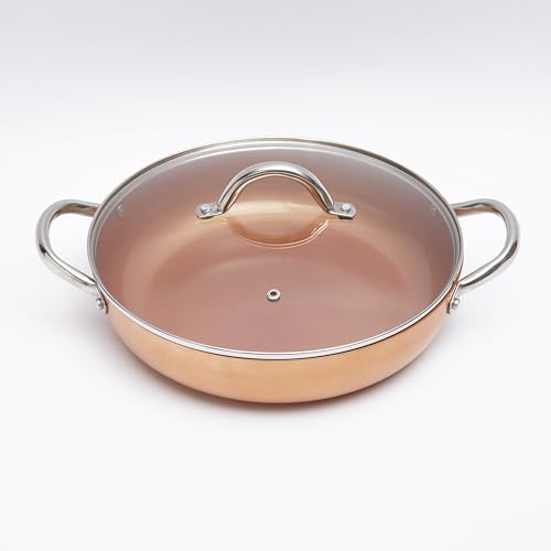 Cermalon Copper 28cm Shallow Casserole Pan with Lid, Oven Safe, All hob Compatible, Non Stick for Family One Pot Cooking
