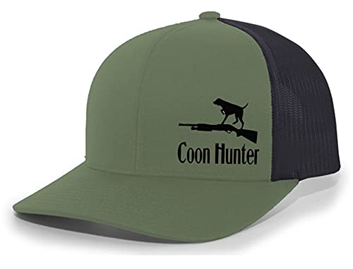 Men's Hunting Embroidered Coon Hunter Gun Dog Mesh Back Trucker Hat-Loden/Black