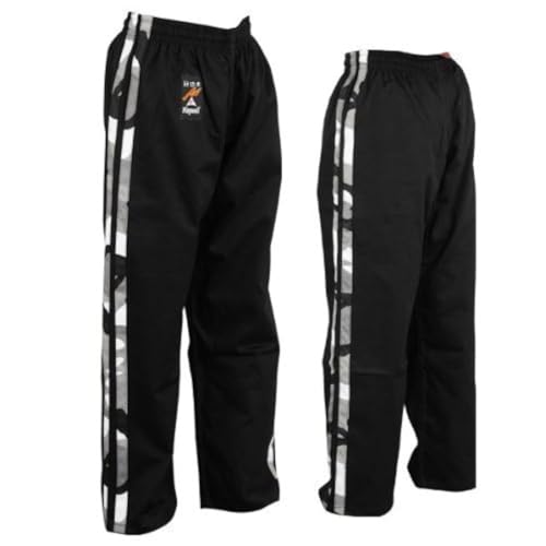 Playwell Arti Marziali Full Contact 100% Cotone Nero con 2 Strisce Camo Pantaloni, Nero, 150 cm