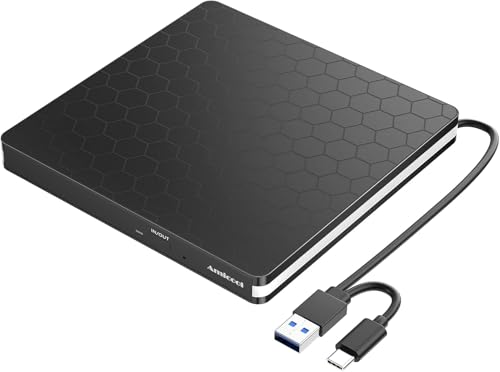 Amicool Lecteur DVD Externe USB 3.0 DVD/CD Portable Type-C et Lecteur de Disque,Plug&play,faible Bruit,Slim Superdrive pour Ordinateur Portable,Bureau,Mac,...